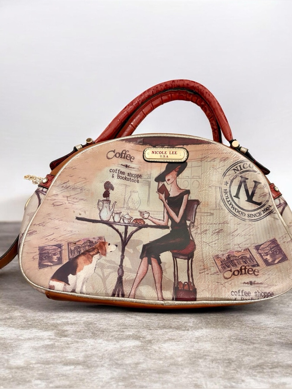 Nicole Lee Illustrated Coffeehouse Dome Satchel in Tan and Red